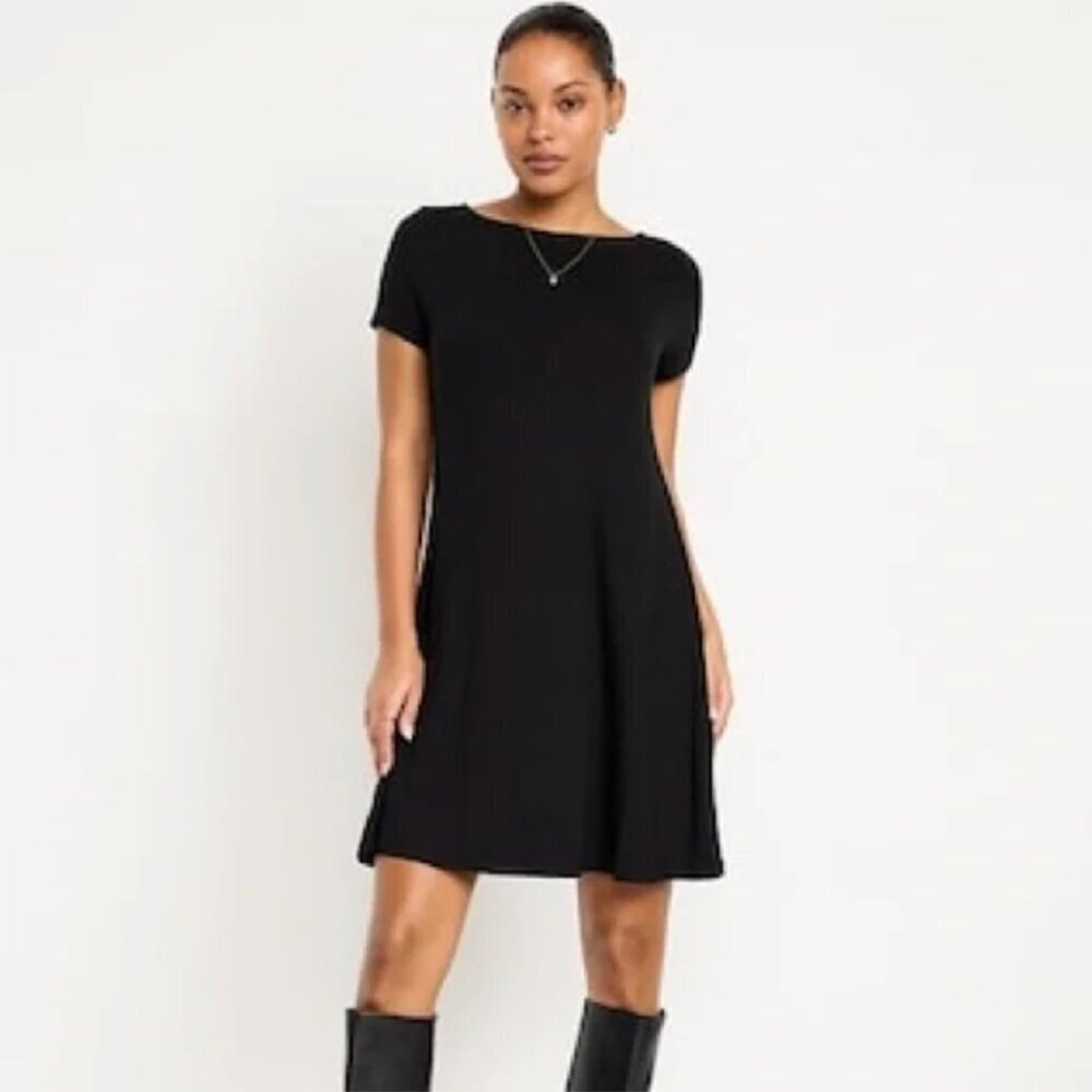 New Look Women's Sz 6 Swing Dress Black Short Cap Sleeve Boatneck Stretch A-Line